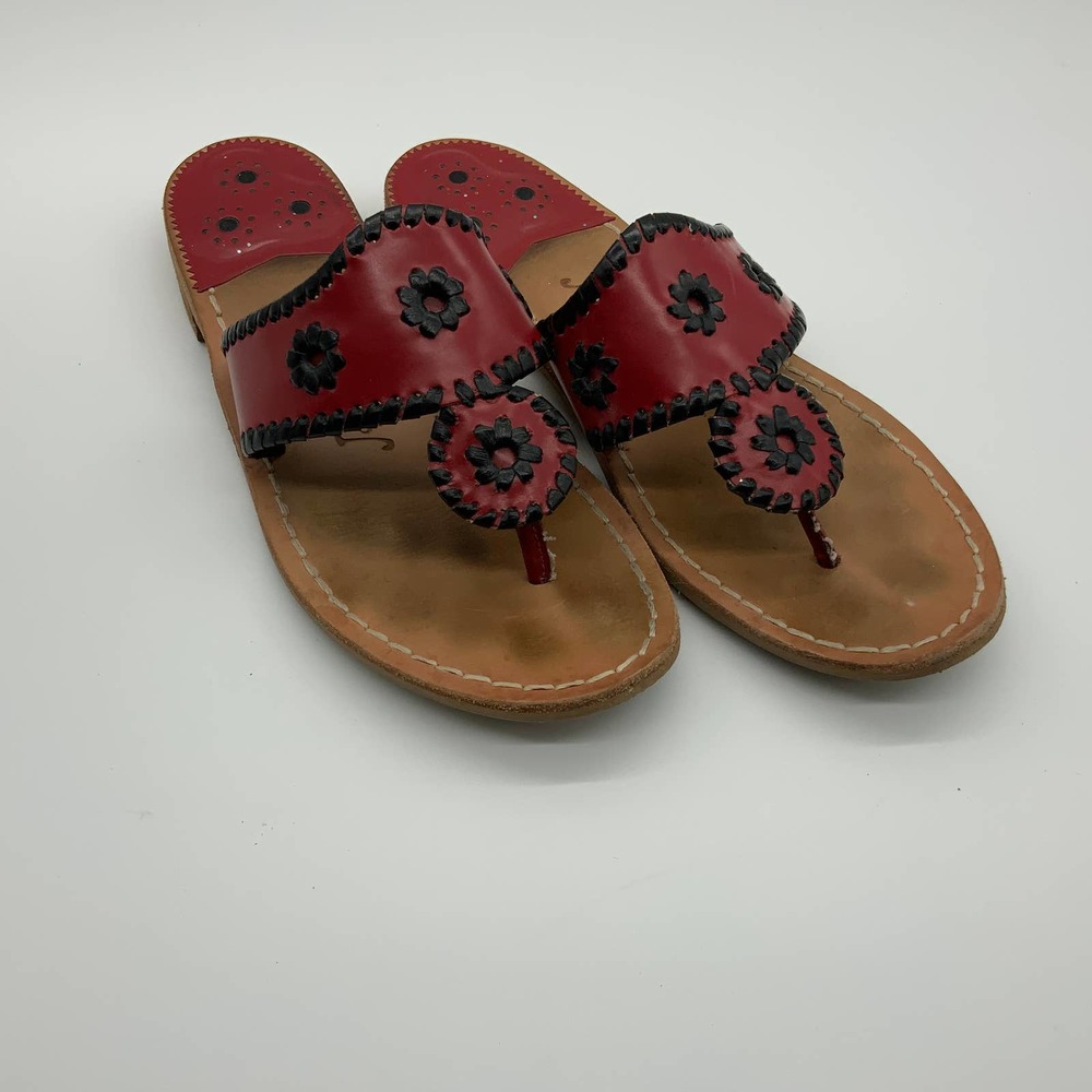 Jack Rogers Red Leather Black-Trim Floral Thong Sandals
